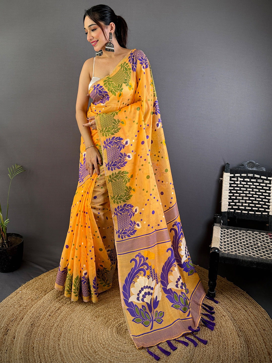Yellow Dhakai Jamdani Cotton Silk Saree