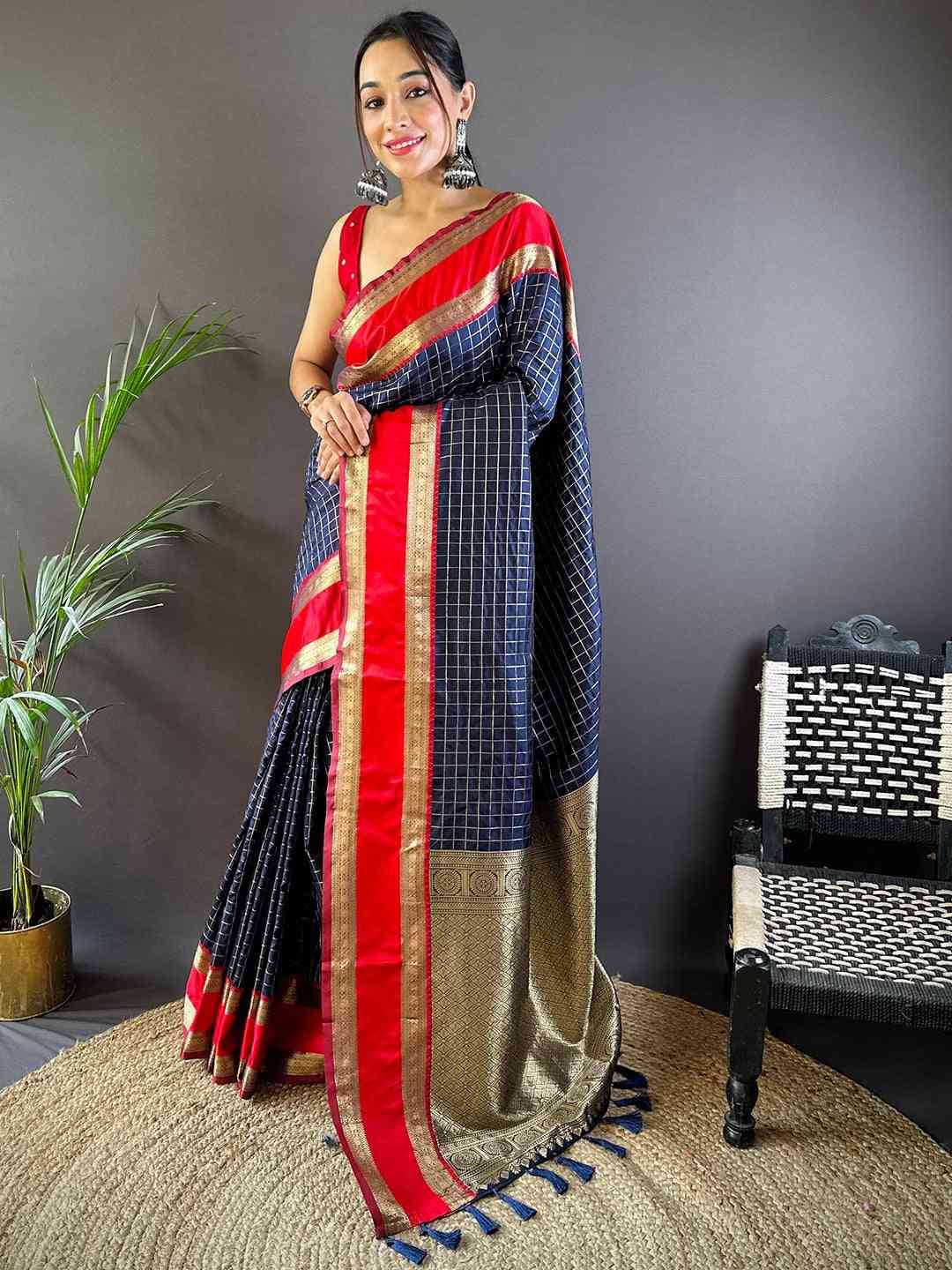Navy Silk Woven Kanchi Banarasi Saree by My Store