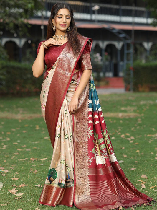 Viscose Dola Silk Beige Colour Saree with Floral and Pichwai Print - Luxe