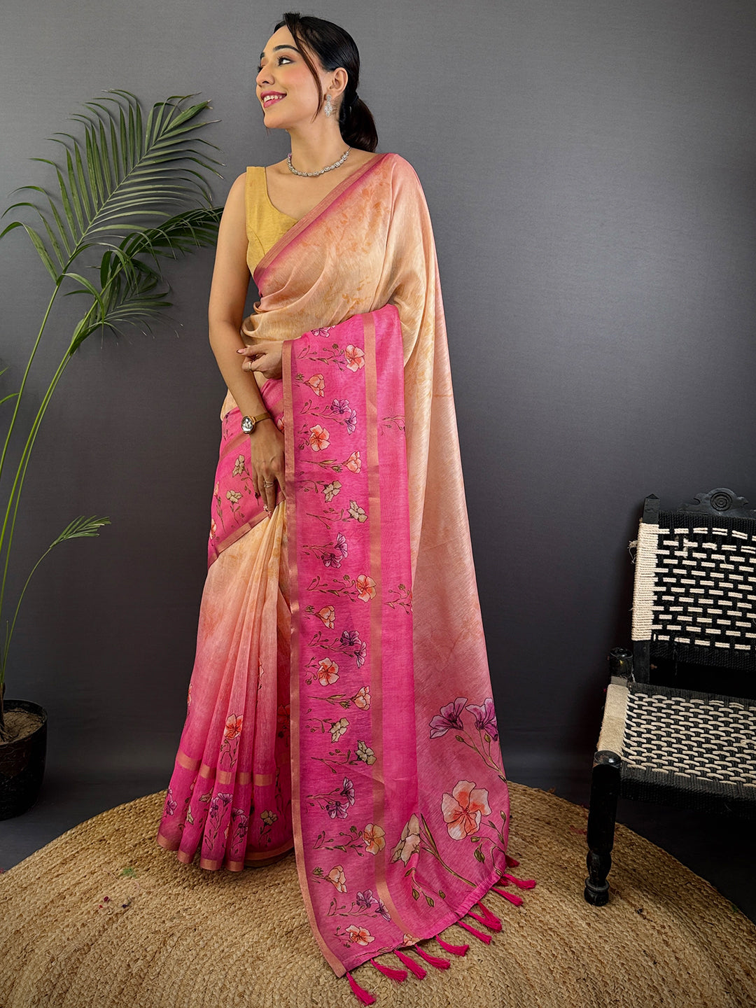 Light Pink Linen Chanderi Floral Print Saree by My Store