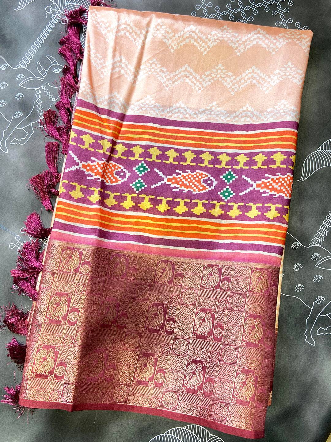 Light Orange Geometric Silk Saree by My Store