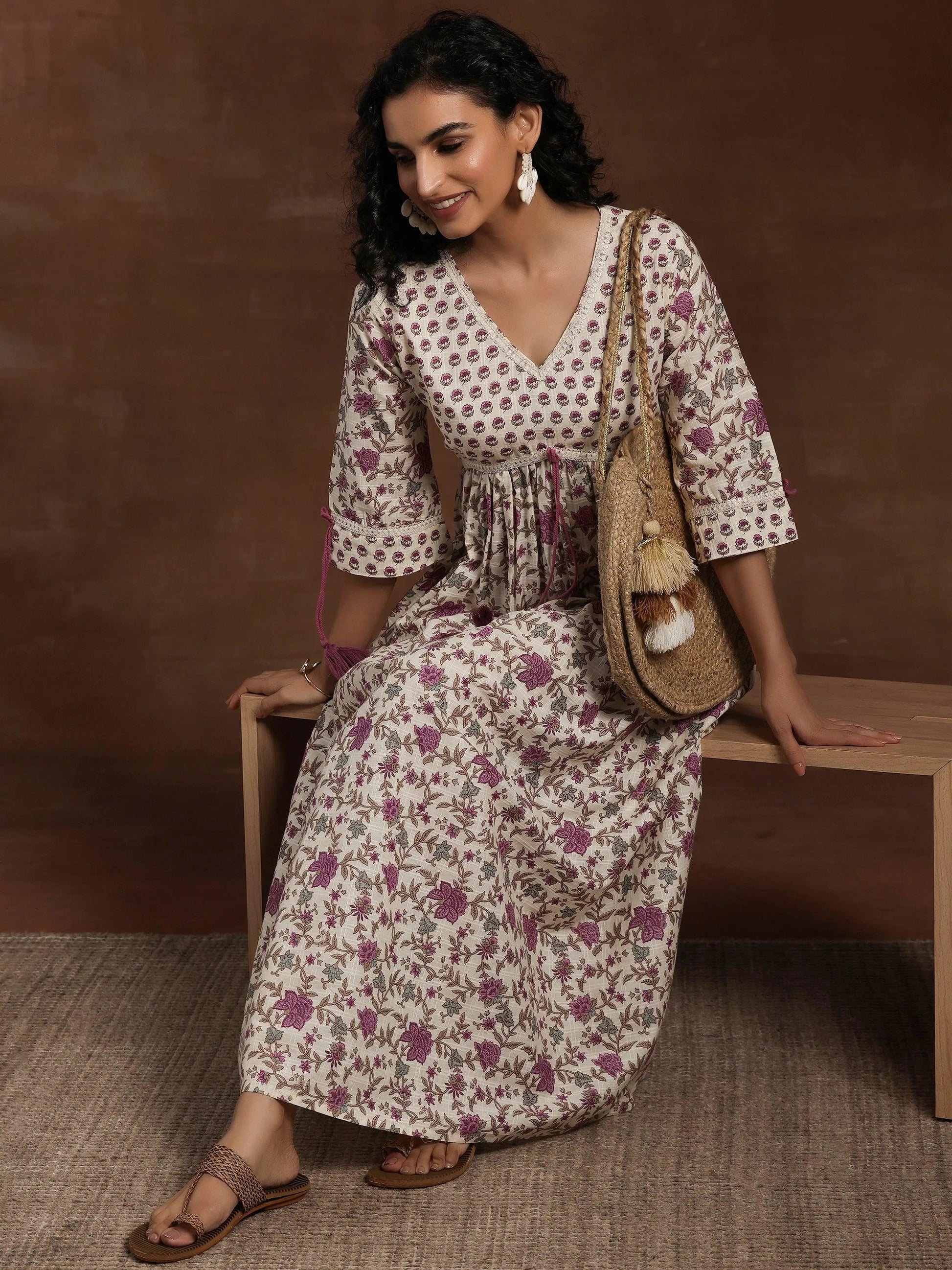 Off White Printed Cotton Fit and Flare Dress by My Store