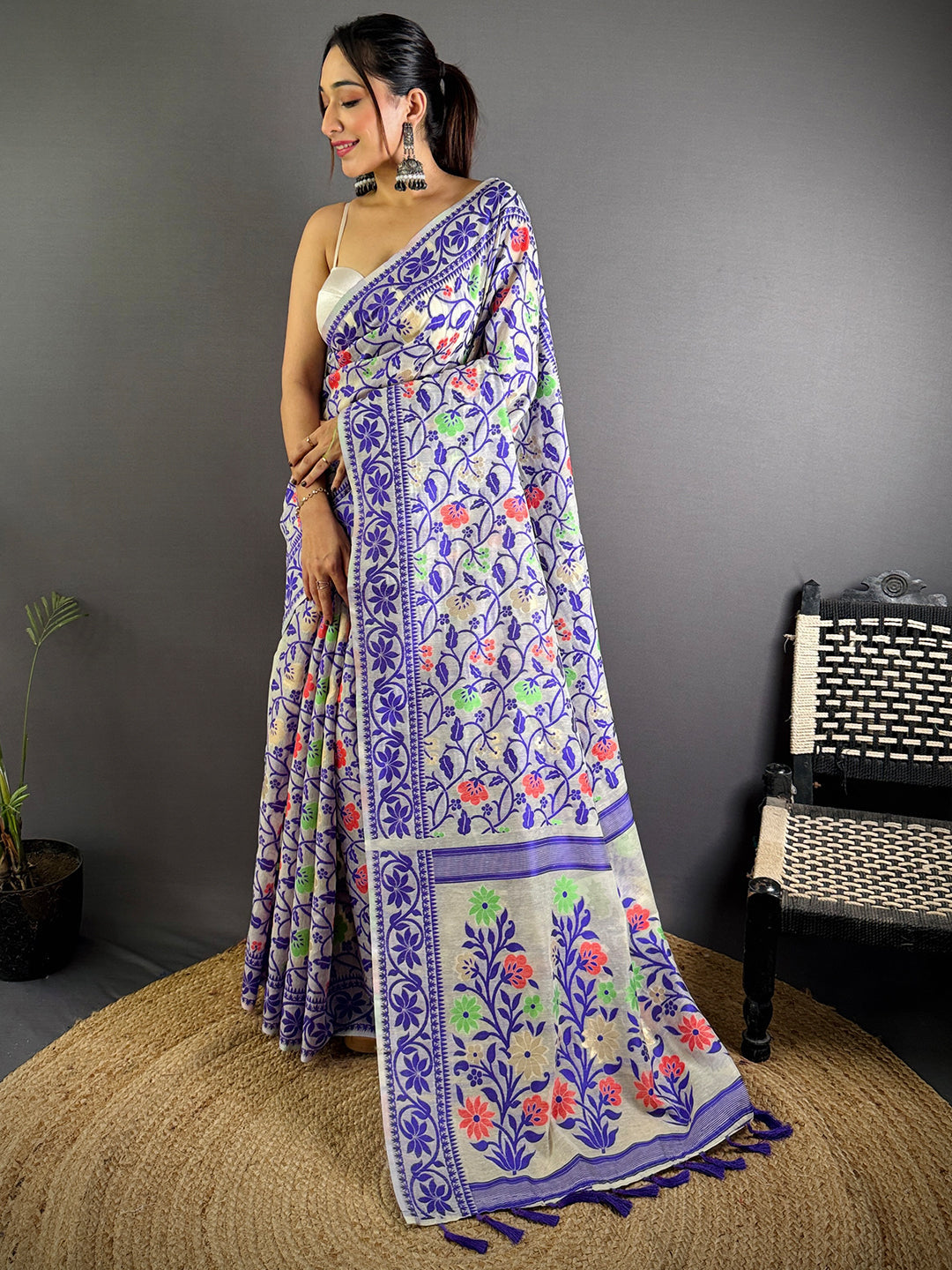Purple Dhakai Jamdani Cotton Silk Saree by My Store