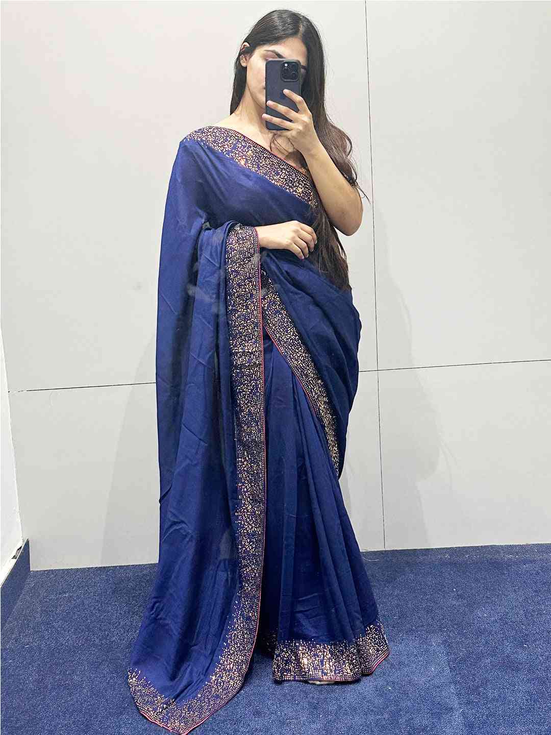 Navy colour Vichitra Silk Saree With Embellish Swarovski Stone work by My Store