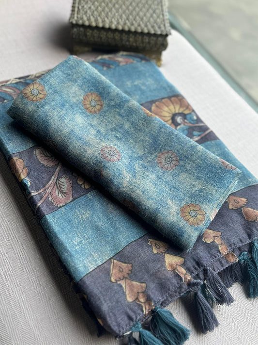 Elegant Kalamkari Printed Linen Saree by My Store