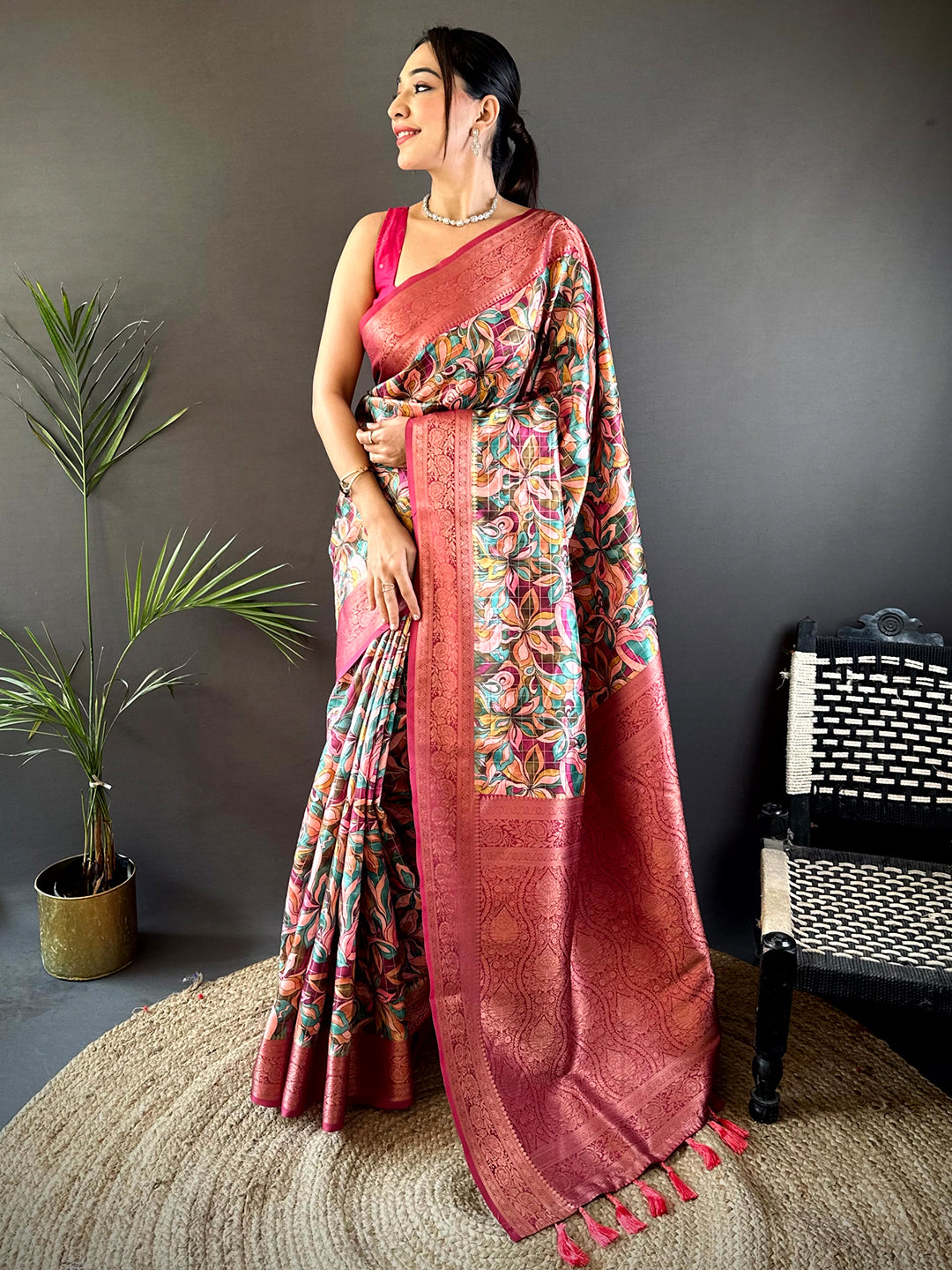 Red Soft Gadwal Pattu Geometric Saree by My Store