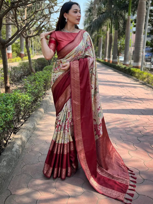 Pista Colour Double Border Chex Weaving Banarasi Soft Silk Saree by My Store