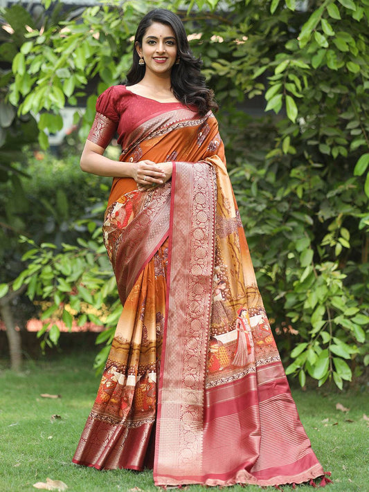Orange Hand Kalamkari Printed Pure Viscose Dola Silk Saree - Luxe by My Store