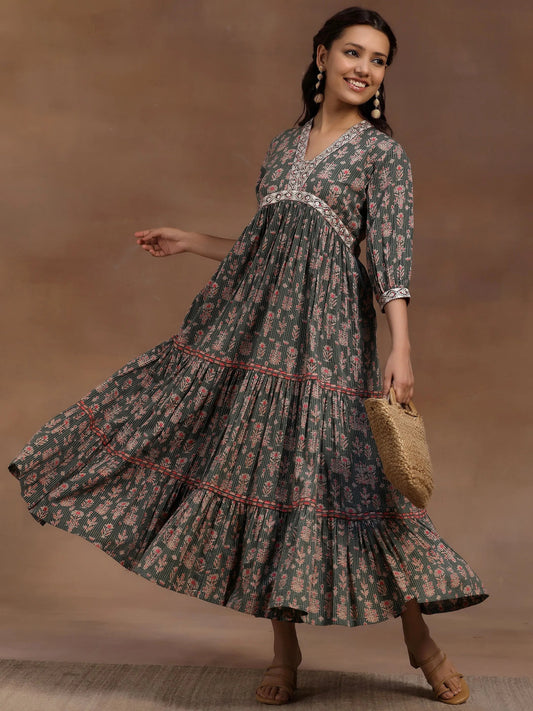 Green Printed Cotton Fit and Flare Dress by My Store
