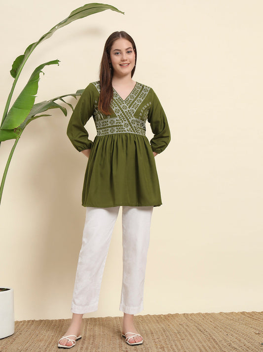 V neack Green Short Kurti For Women