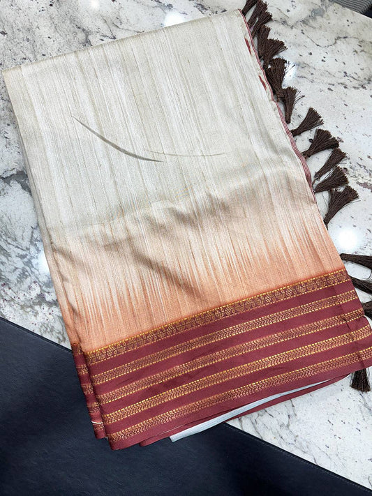 Brown Ikkat Motifs and Paisley Prints on Ghicha Saree by My Store