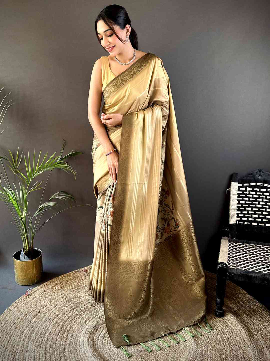 Olive Kalamkari Ombre Crepe Silk Saree by My Store