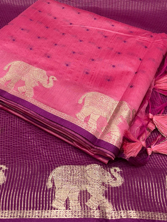 Pink Pure Silk Bandhani Butti Saree by My Store
