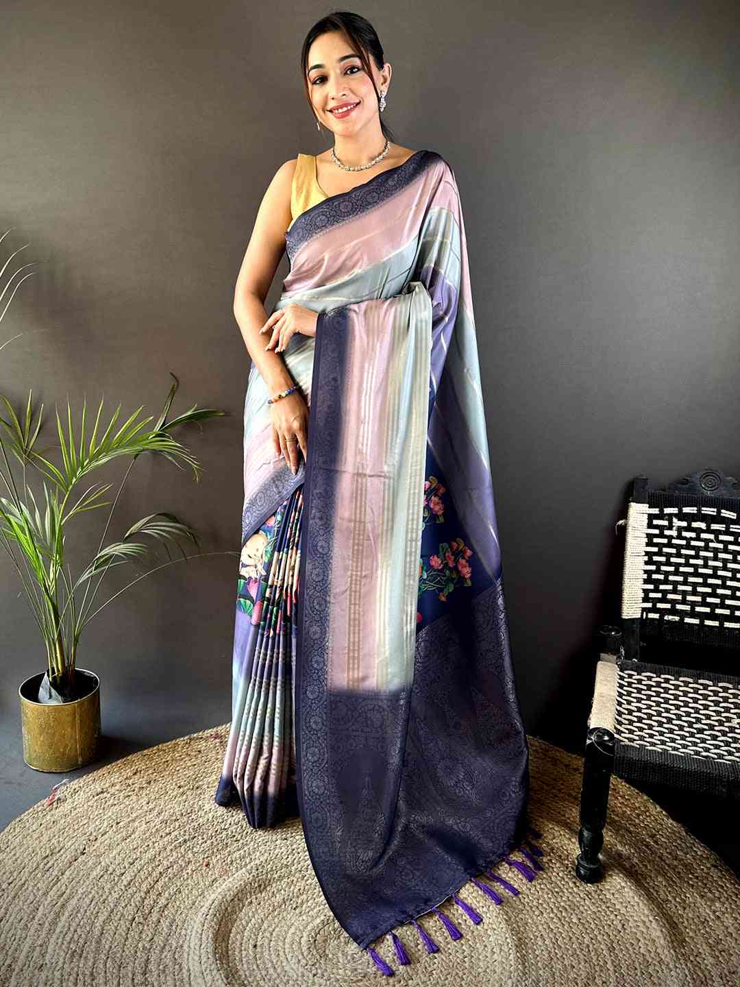 Lavender Kalamkari Ombre Crepe Silk Saree by My Store
