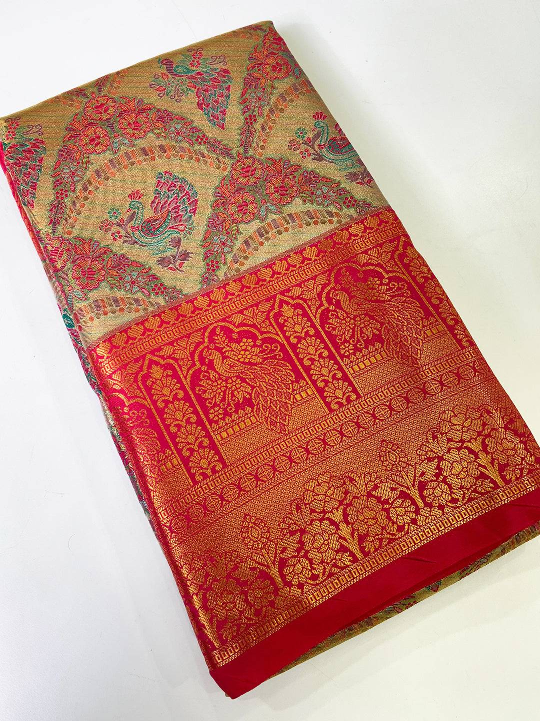 Majestic Red And Gold Peacock Saree by My Store