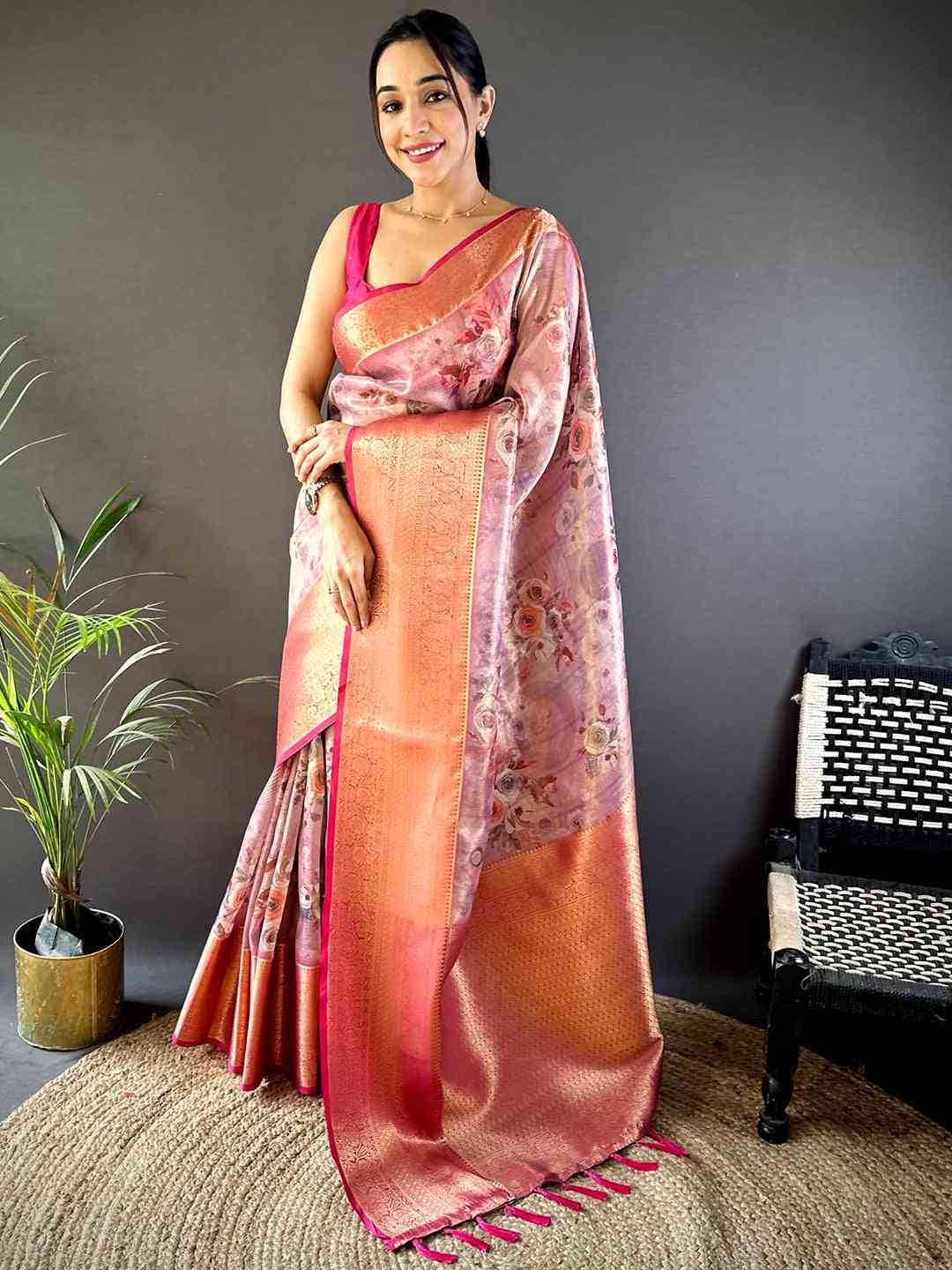 Purple Floral Gold Zari Tissue Saree by My Store