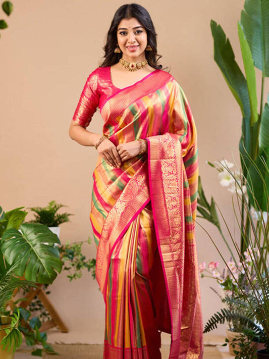 Radiant Pink-Gold Stripe Saree by My Store
