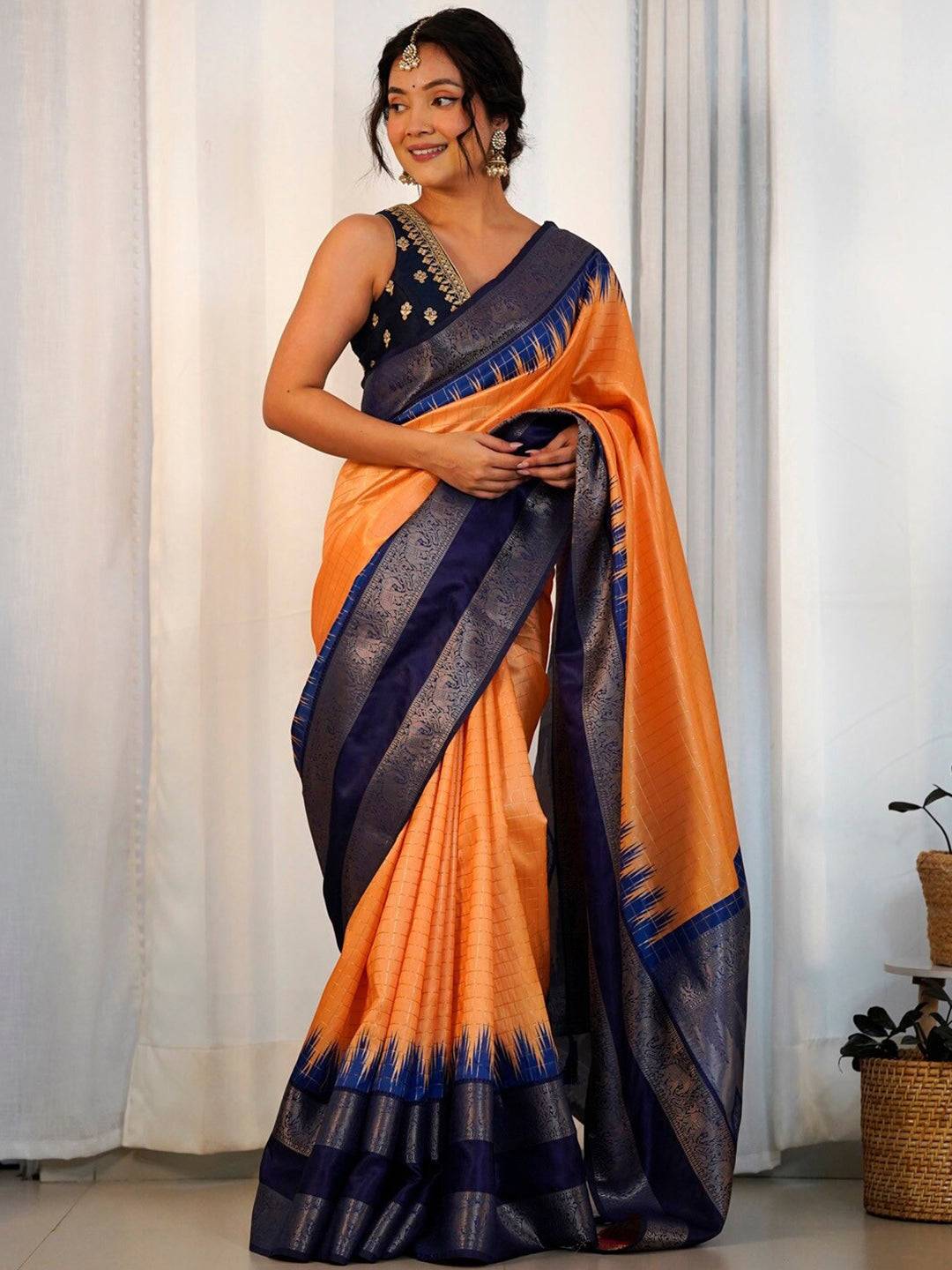 Orange Colour Banarasi Soft Silk Gadwal Pattu Zari Weaving Party Wear Saree by My Store