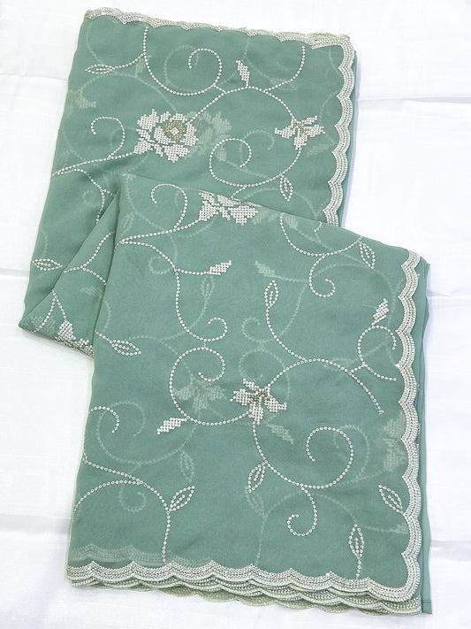 Pista Georgette Sequin Embroidery Saree by My Store
