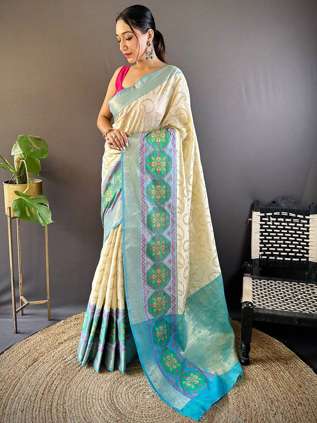 White Katan Silk Ikkat Saree