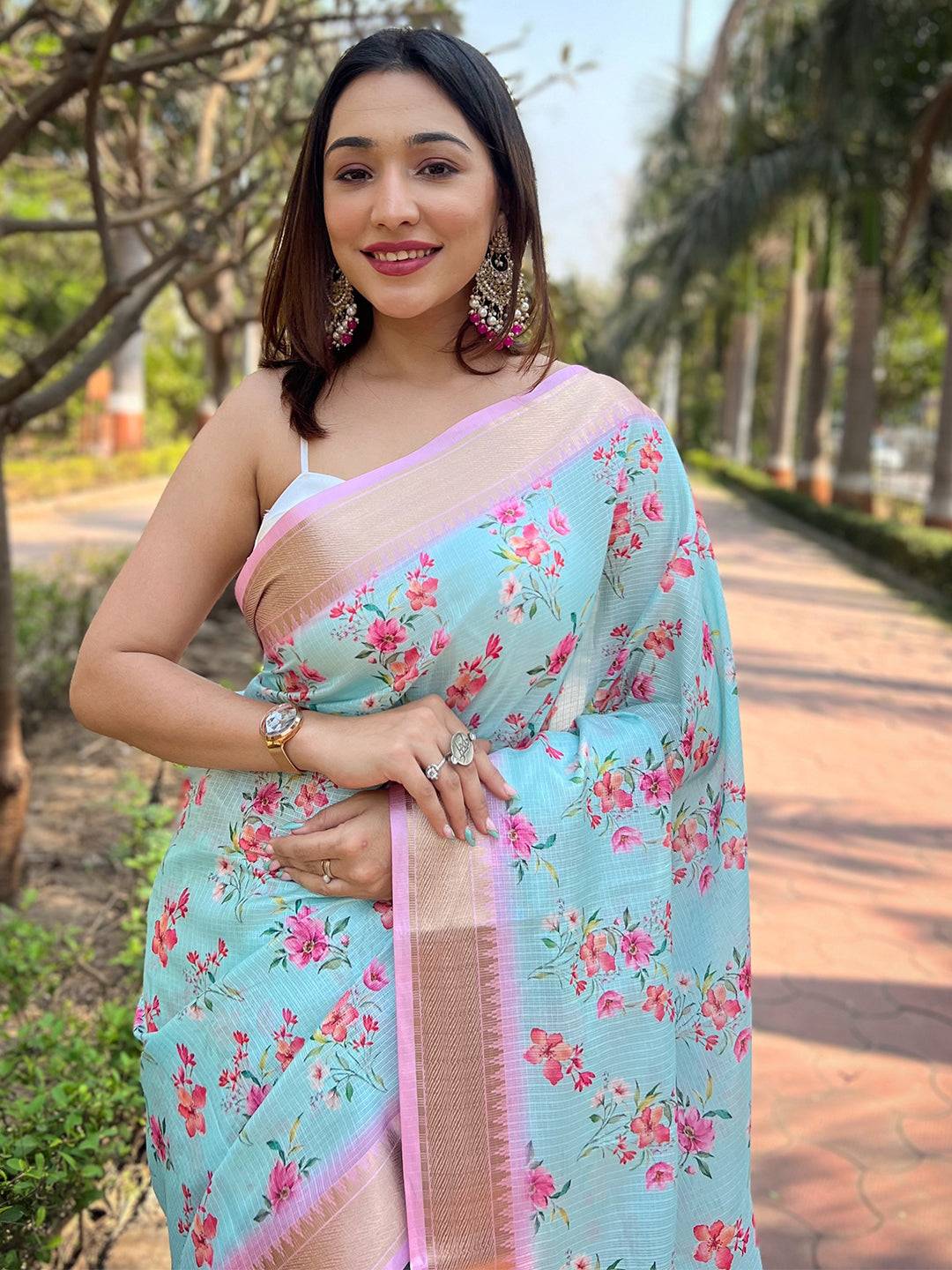Aqua Kota With Digital Floral Printed Saree