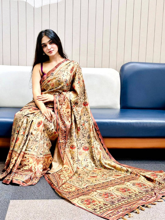 Olive Tussar Silk Flower Pashmina Print Saree by My Store