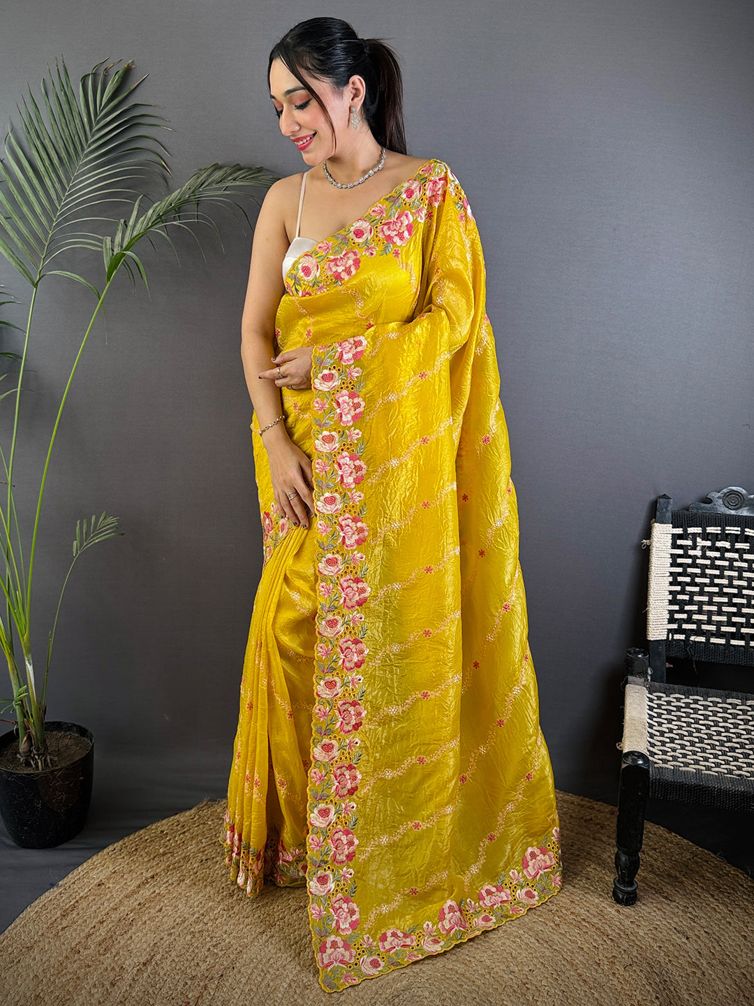 Yellow Crush Silk Embroidery Work Saree