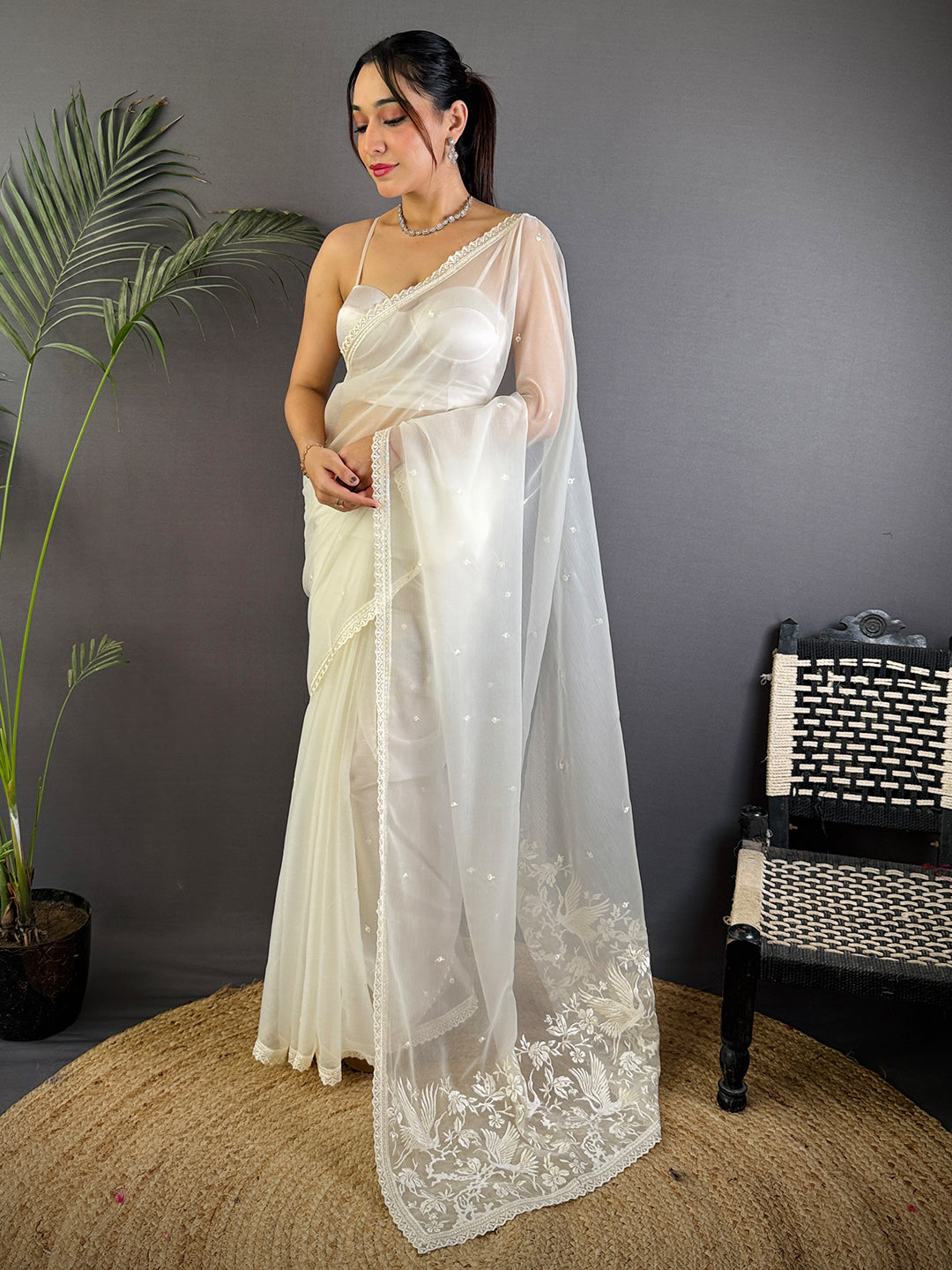 White Soft Chiffon Chikankari Work Saree