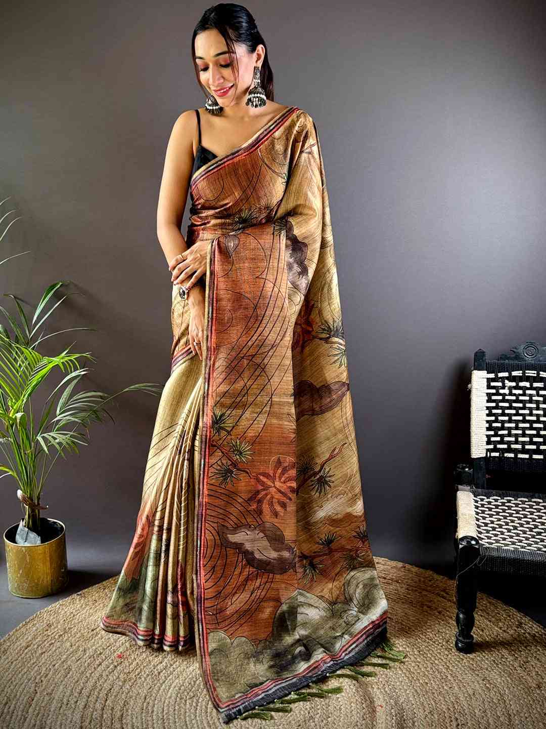 Brown Tissue Chanderi Floral Abstract Saree by My Store