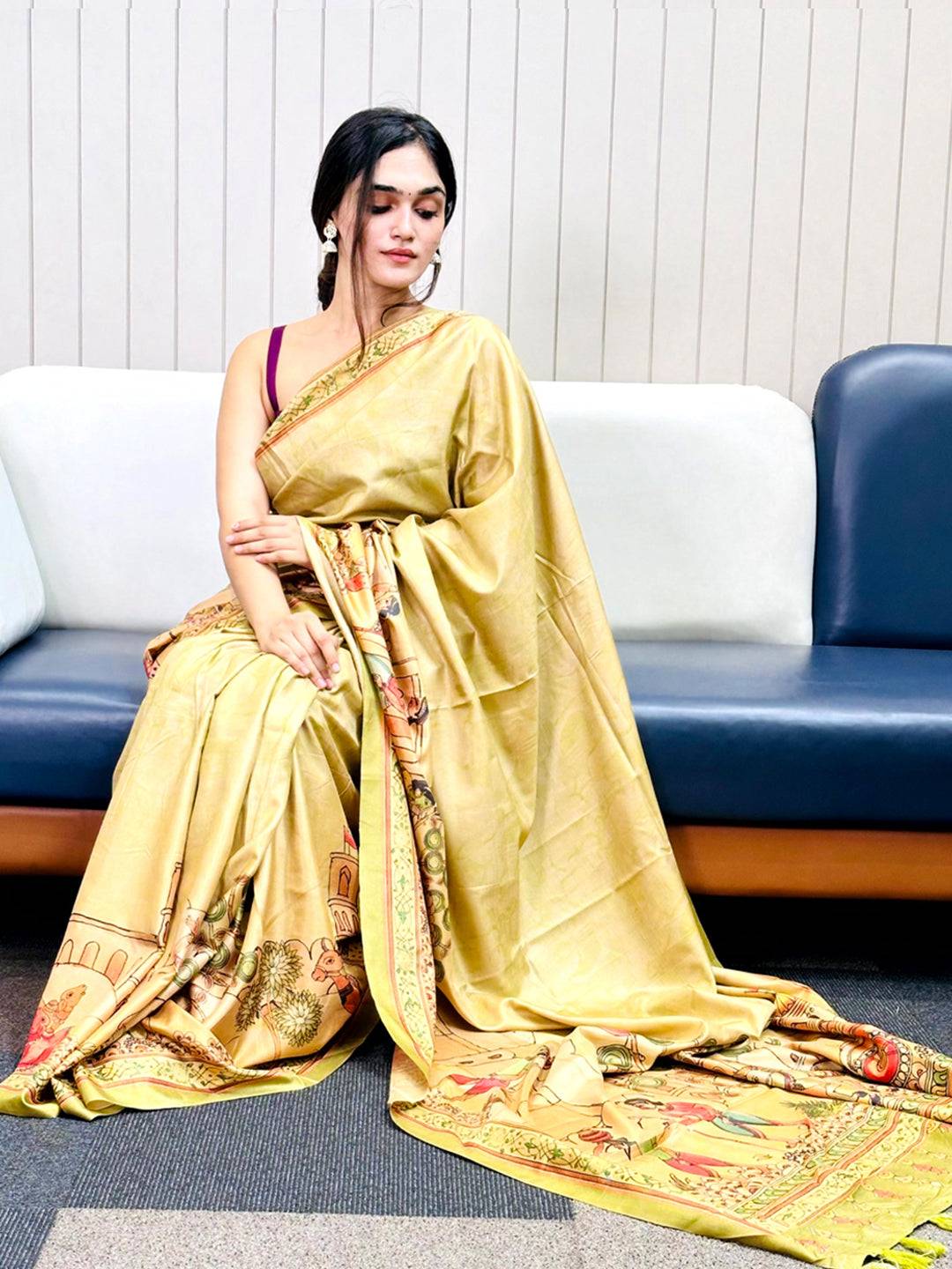 Light Green Free Hand Kalamkari Print Saree by My Store