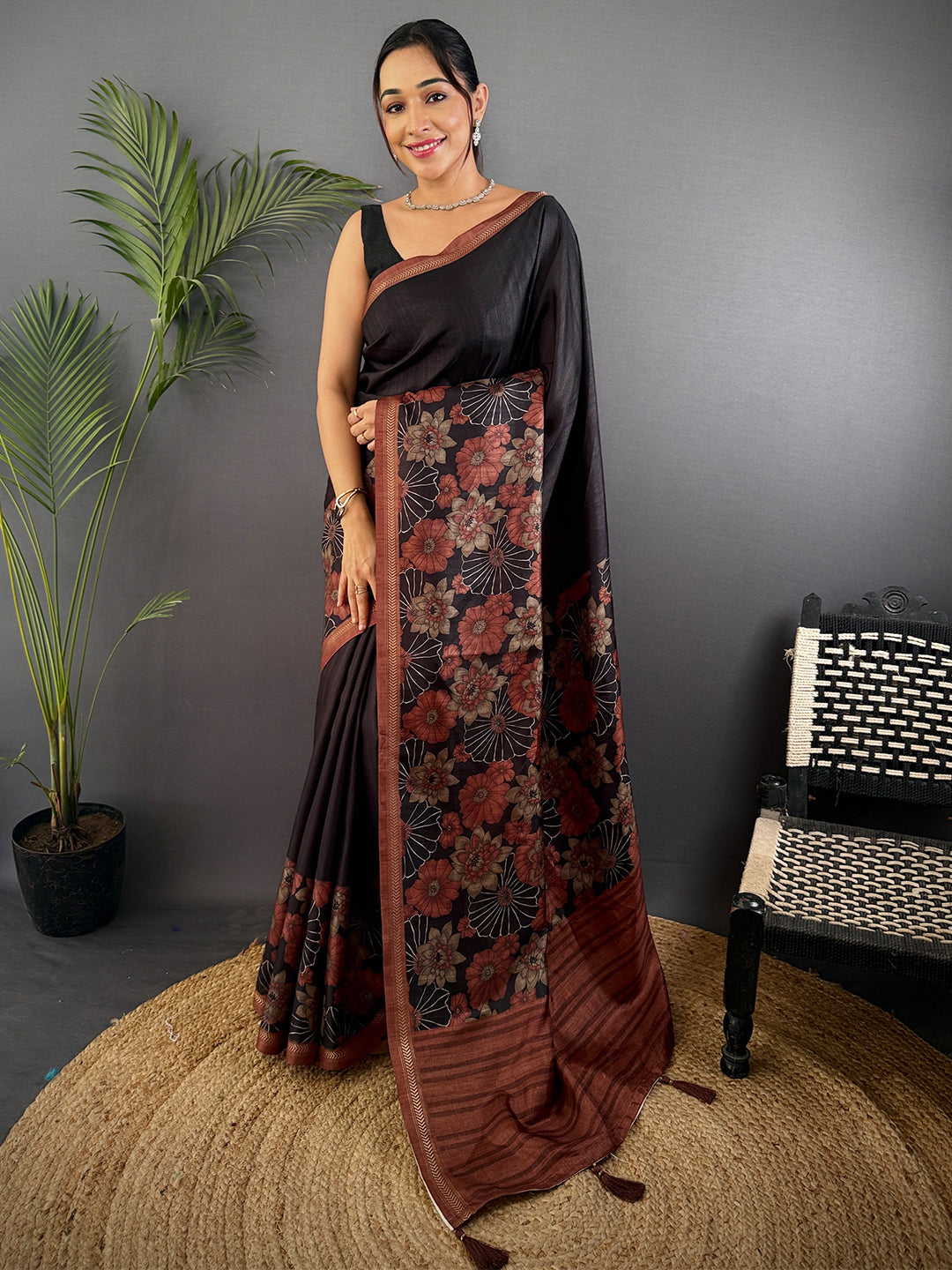 Brown Ghicha Tussar Silk Floral Saree by My Store