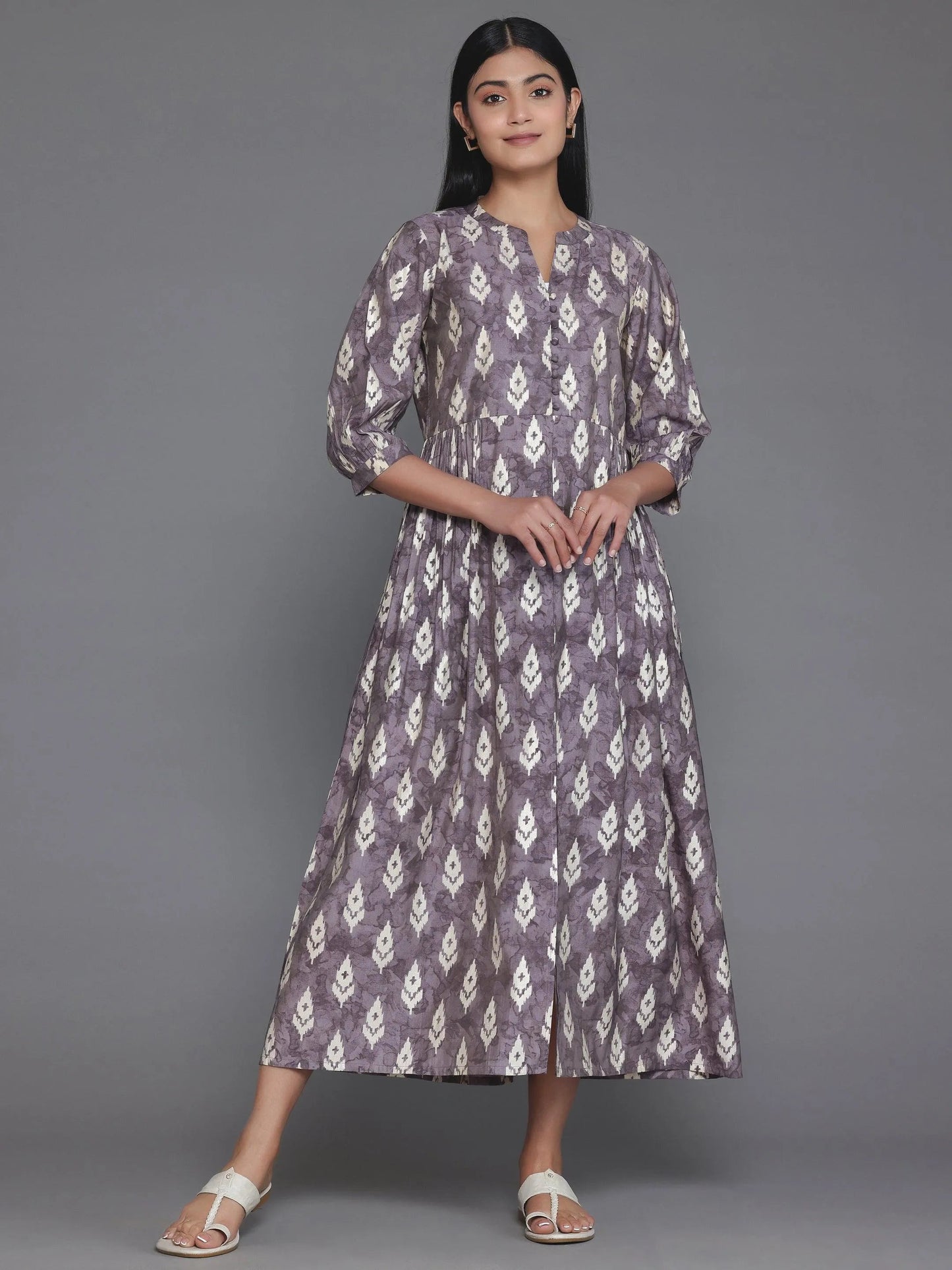 Mauve Printed Silk Fit and Flare Dress by My Store