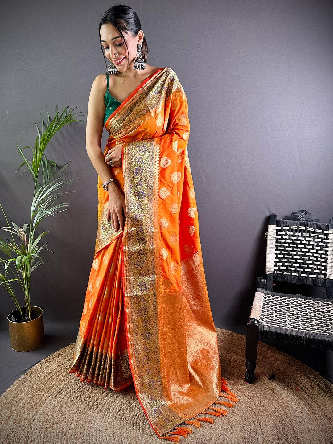 Orange Banasari Silk Saree With Zari Weaving by My Store