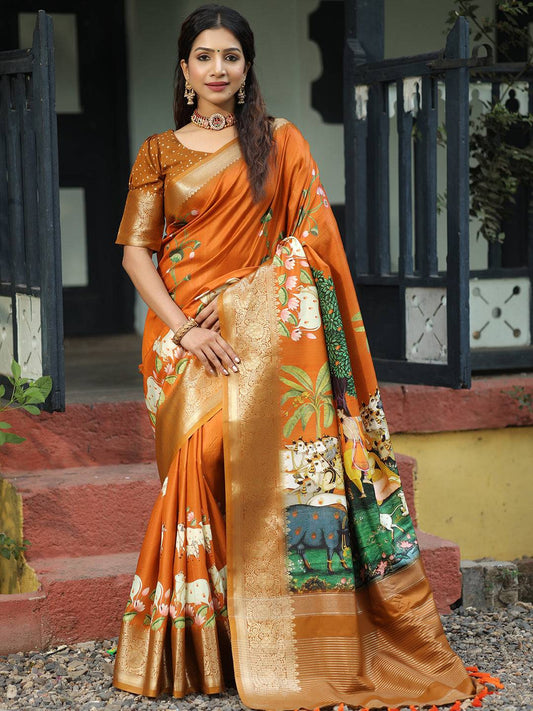 Viscose Dola Silk Orange Colour Saree with Floral and Mughal Print - Luxe