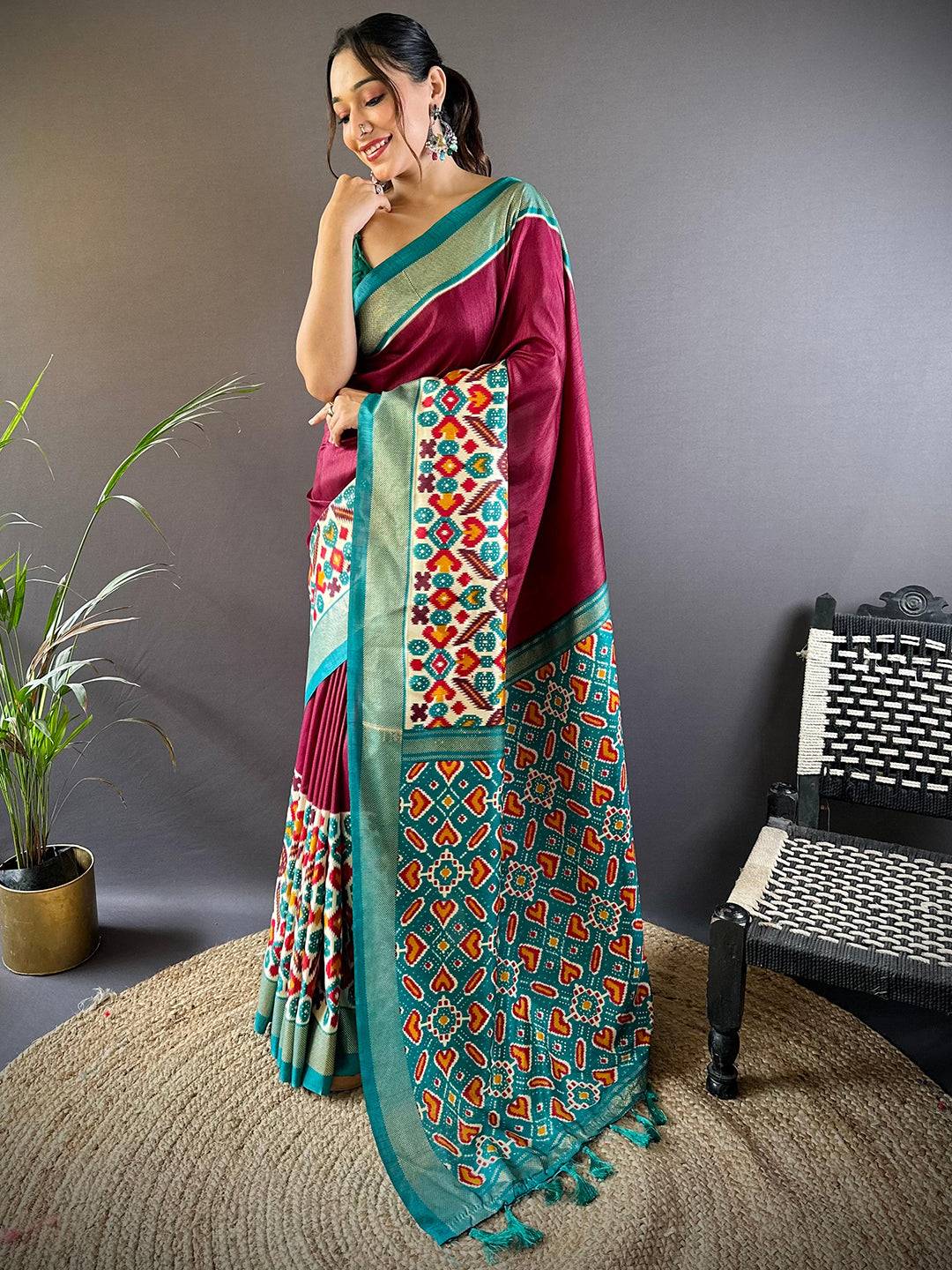 Maroon Patola Print Chanderi Saree by My Store