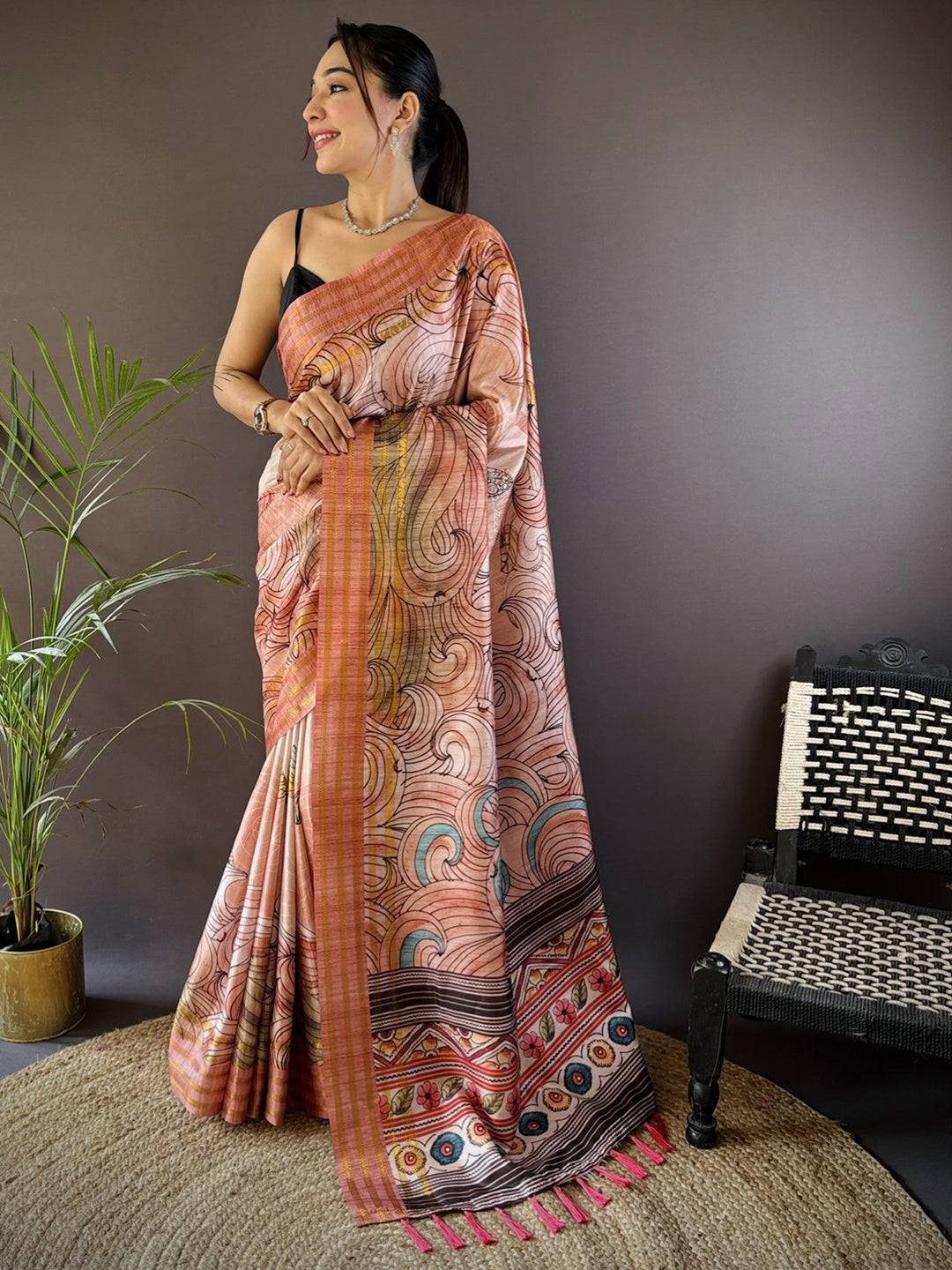 Pink Soft Silk Ocean Wave Patterns Saree by My Store