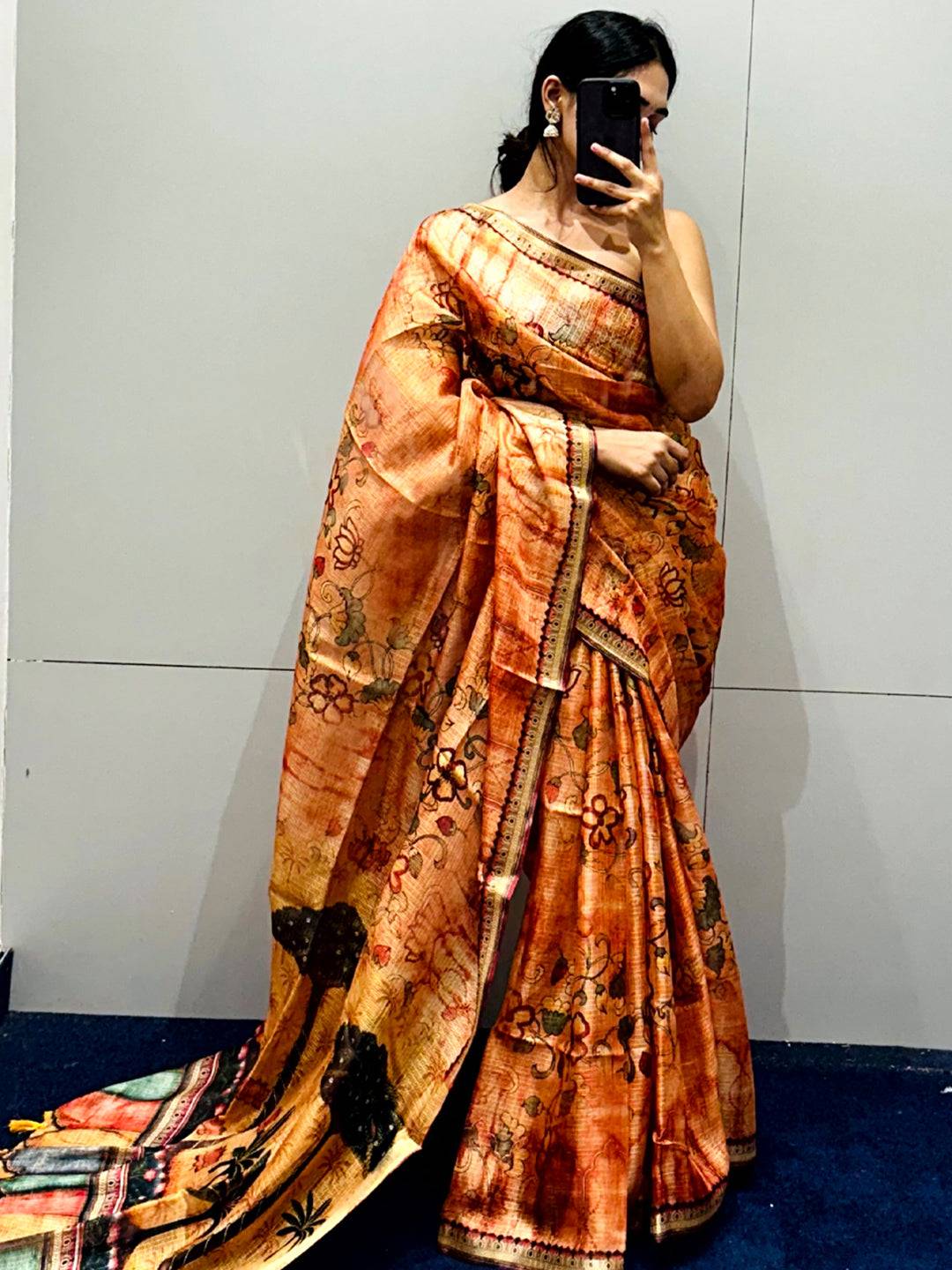 Orange Kota Doriya Silk Saree With Floral Print by My Store