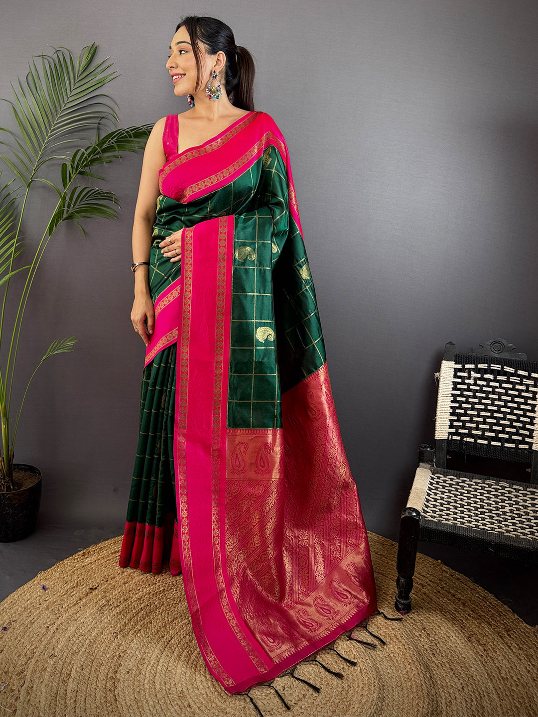 Intricate Paisley Silk Saree With Radiant Pink Pallu by My Store