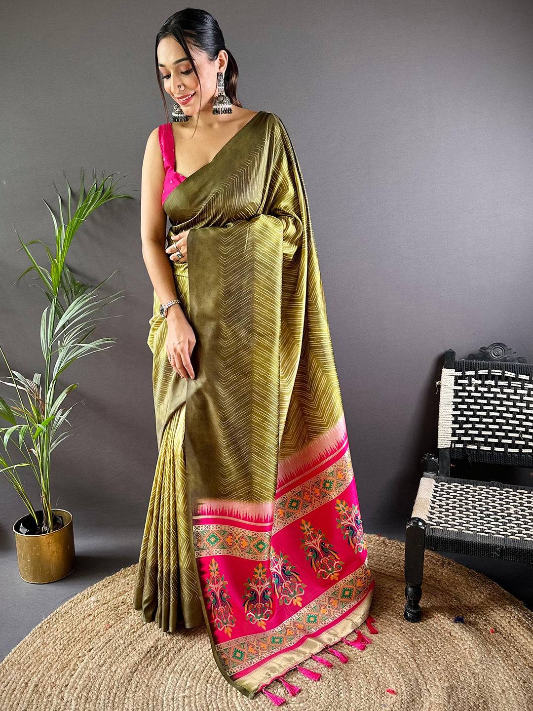 Olive Leheriya Gamthi Silk Sarees by My Store