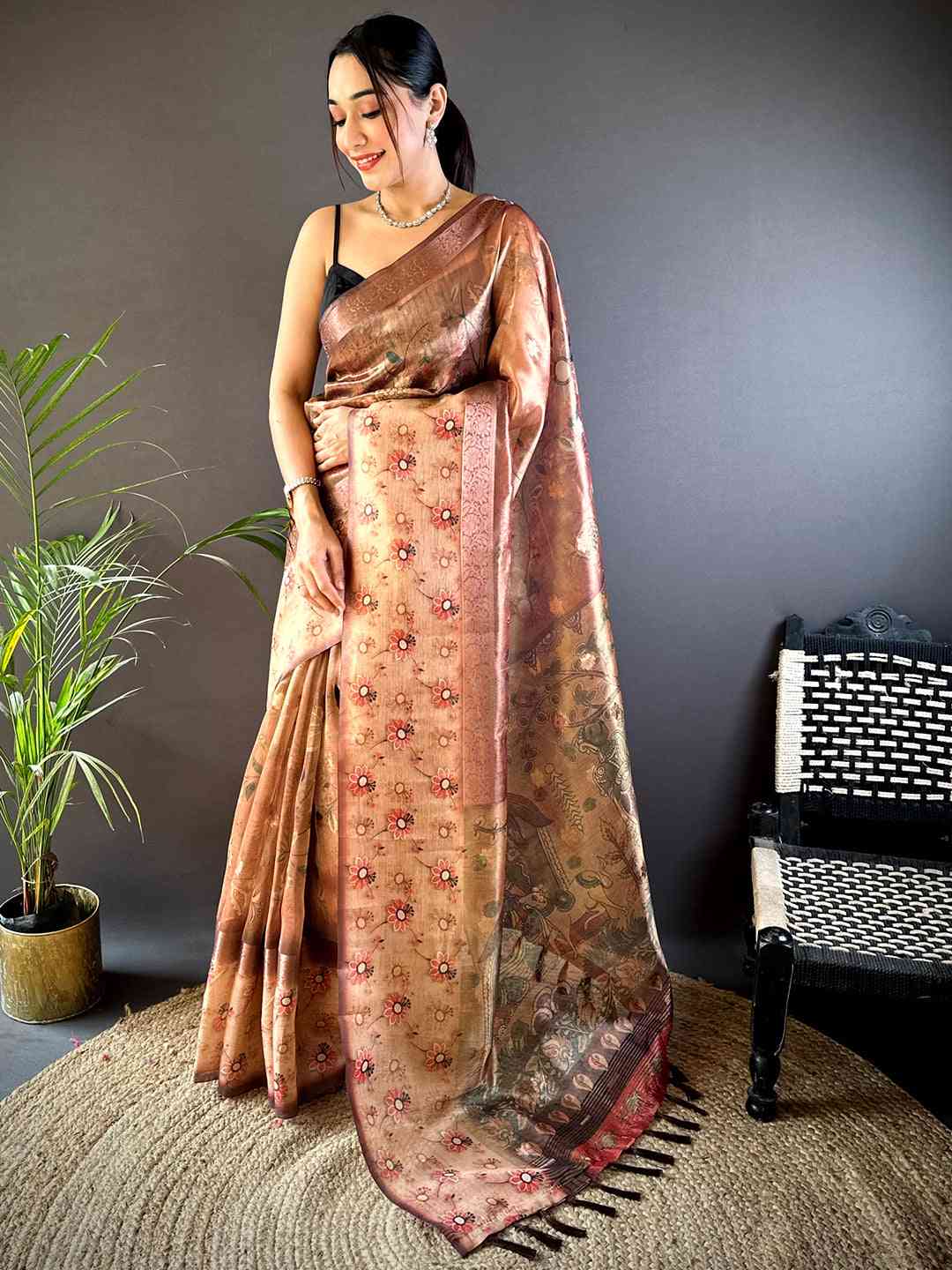 Maroon Floral Satin Bentex Border Saree by My Store