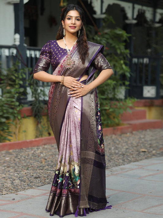 Pure Viscose Dola Silk Saree With Zari Weaving Pallu In Light Purple Colour - Luxe by My Store