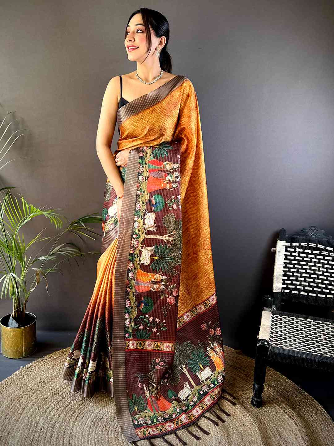 Mustard Kalamkari Pichwai Black Check Saree by My Store