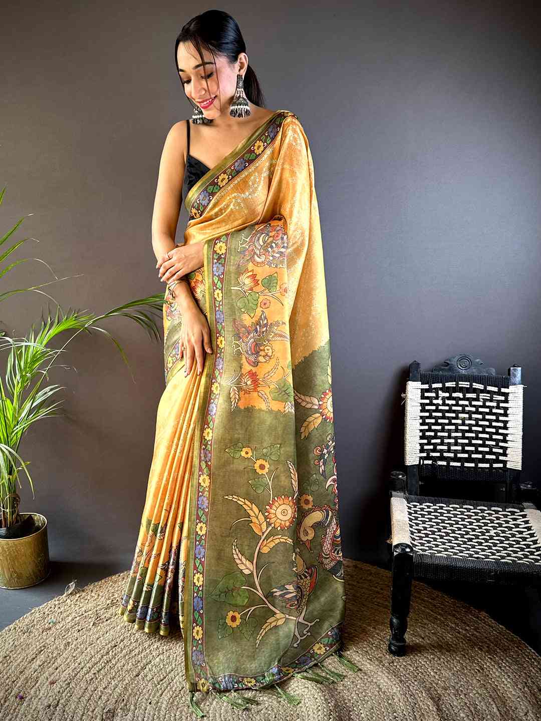 Lemon Yellow Tissue Bandhej Kalamkari Saree by My Store