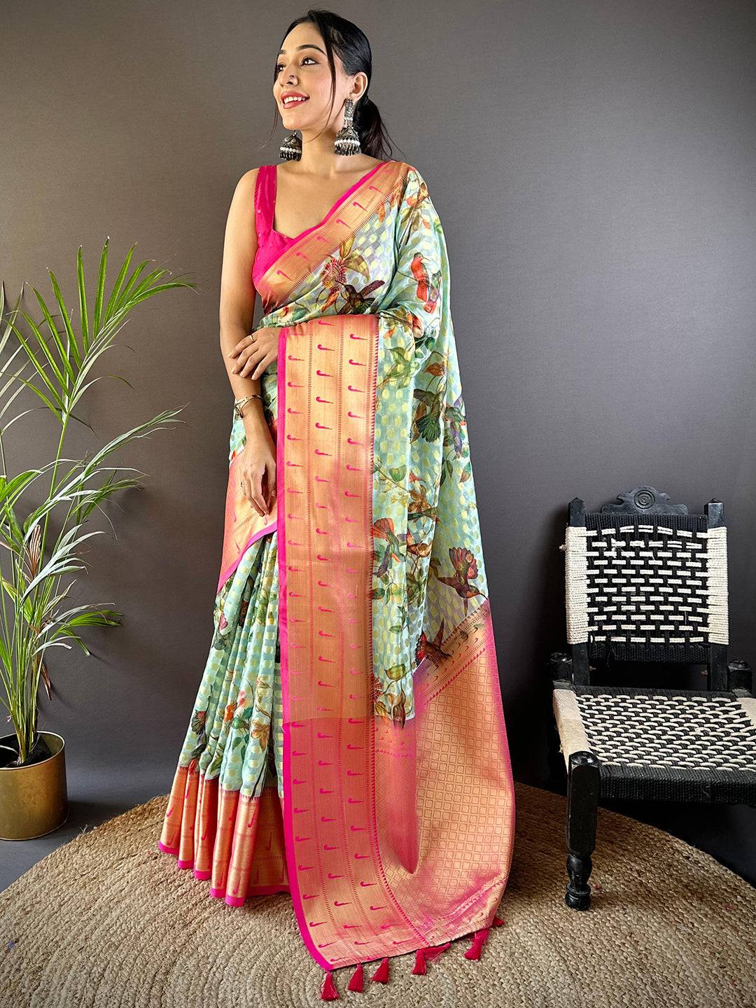 Mint Green Paithani Kora Silk Saree by My Store