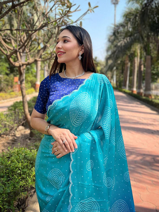 Turquoise Georgette Silk Saree with Ombre Bandhej Print & Swaroski Stone Work