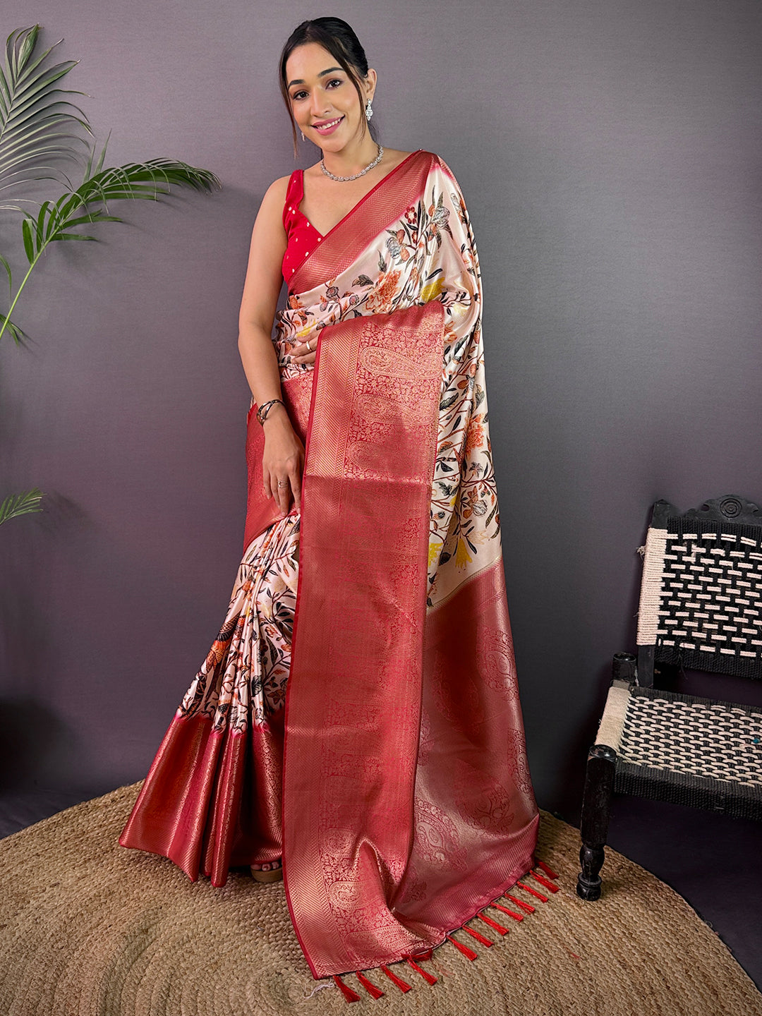 Ivory Cherry Satin Kalamkari Saree by My Store