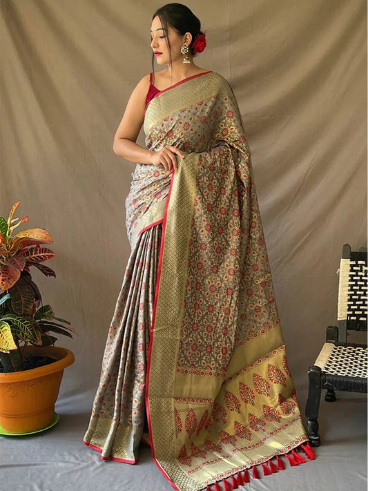 Grey Rajkoti Patola Silk Zari Woven Saree by My Store