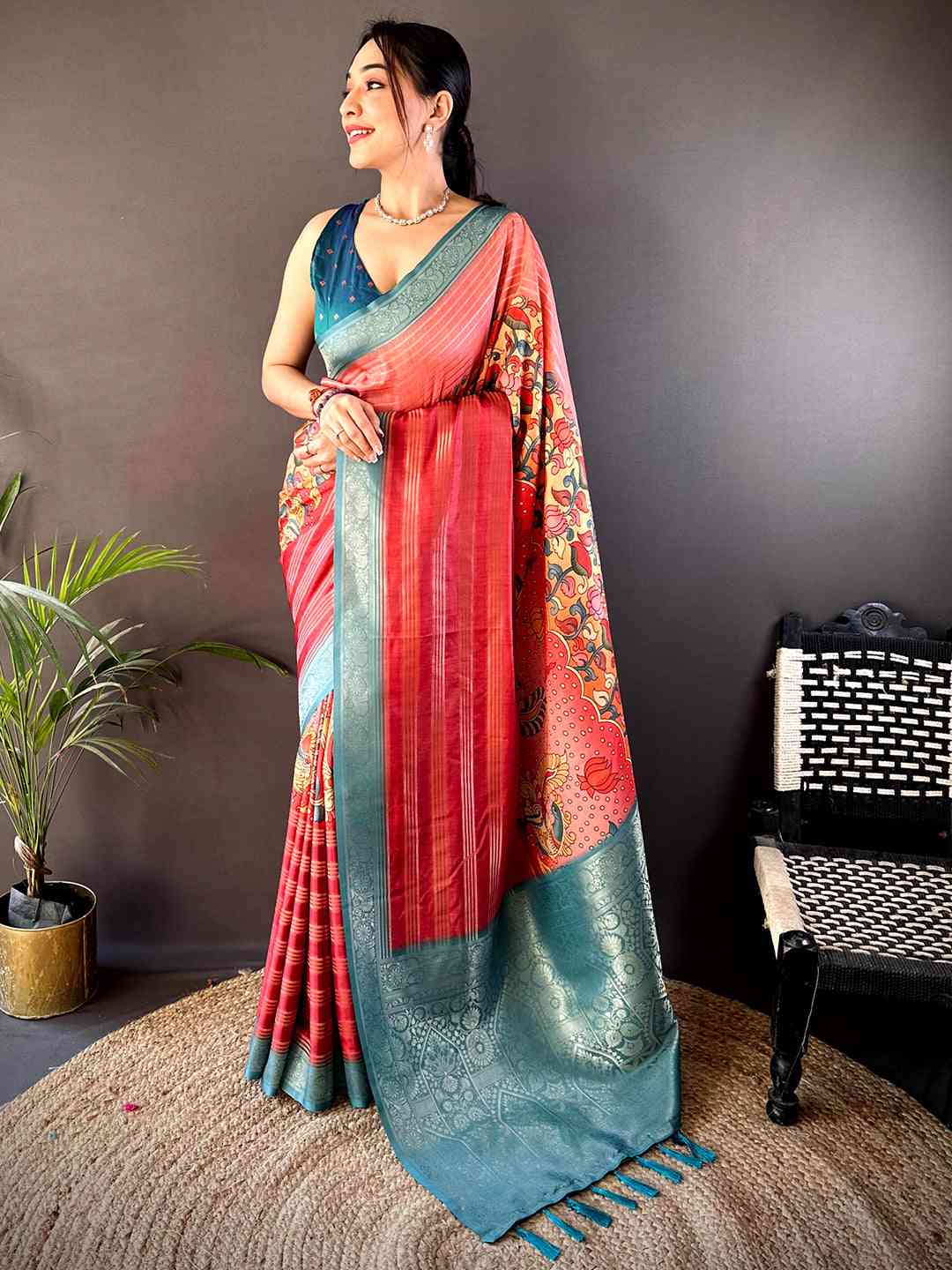 Coral Soft Crep Silk Ombre Print Saree by My Store