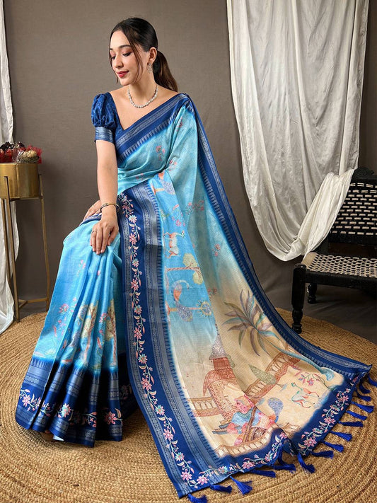Powder Blue Kota Satin Border Saree by My Store