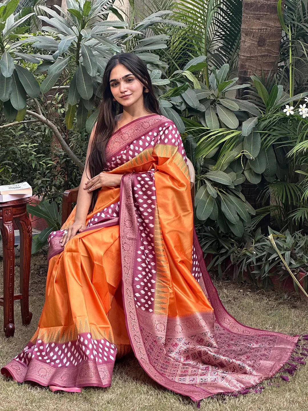 Pure Banarasi Soft Silk With Patola Pallu on Saree in Orange Colour by My Store